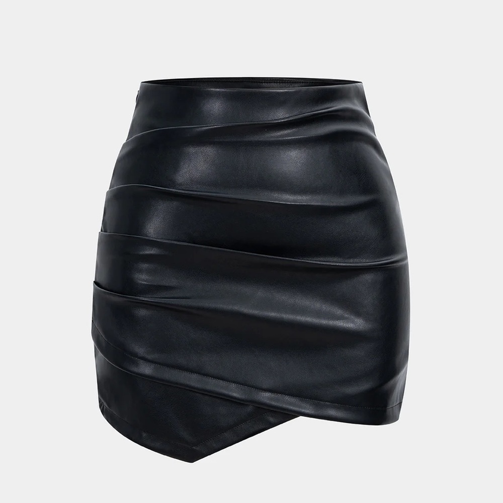 Micas Asymmetrical Ruched Faux Leather Mini Skirt XL CC12-12